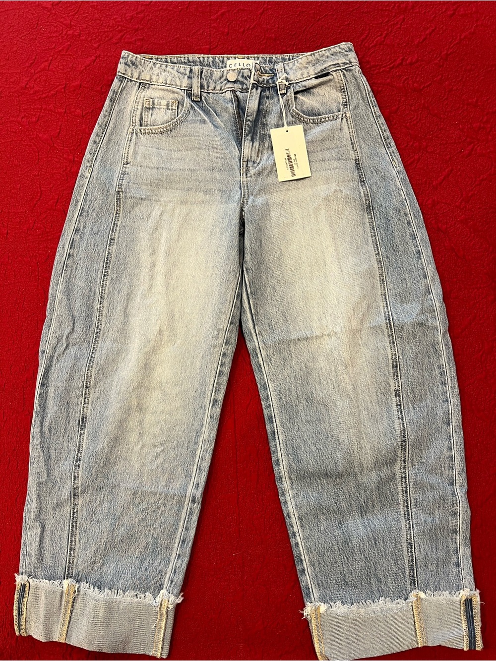 Cello Faded Light Blue Straight Leg Jeans with Cuffed Hem